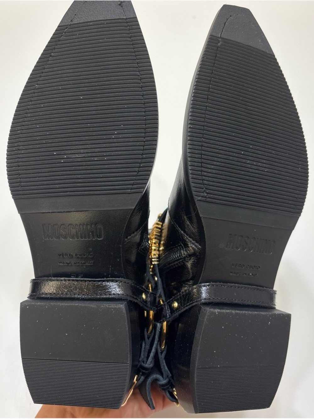 Never worn Moschino Black Leather Ankle Boots with Gold Logo Straps - Picture 4 of 6
